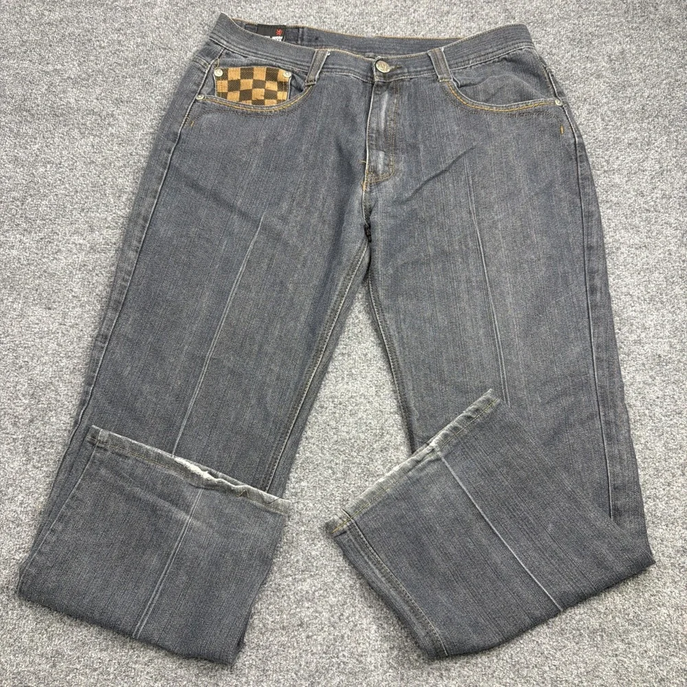 Vtg Y2K Imperious Delf Trading Men Grey Jeans 38x32 Checkerboard Flap Rhinestone